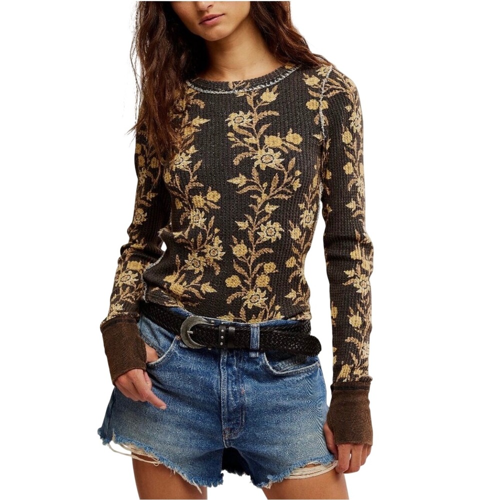 We The Free Pretty Little Thermal Top Women's L Black Floral Boho Whimsical